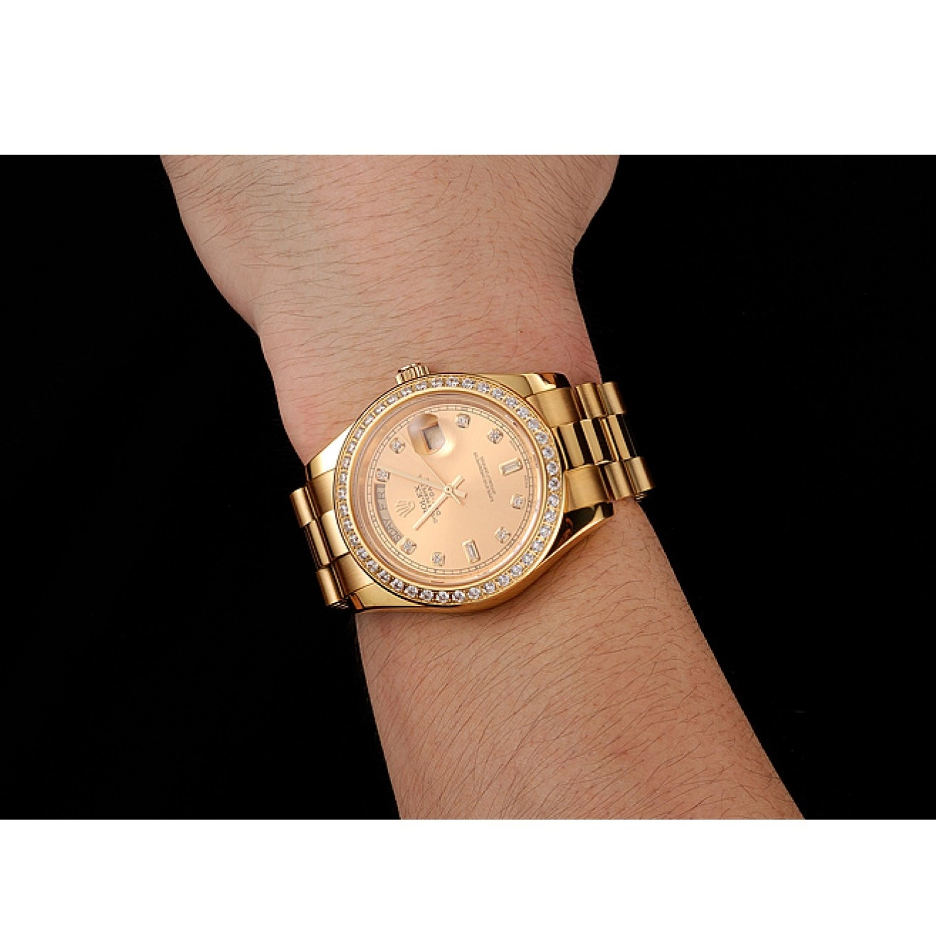 Aaa replica watch 1454099 Bezel Diamond Dial Champagne Gold Rolex Swiss Day-Date Bracelet 0721